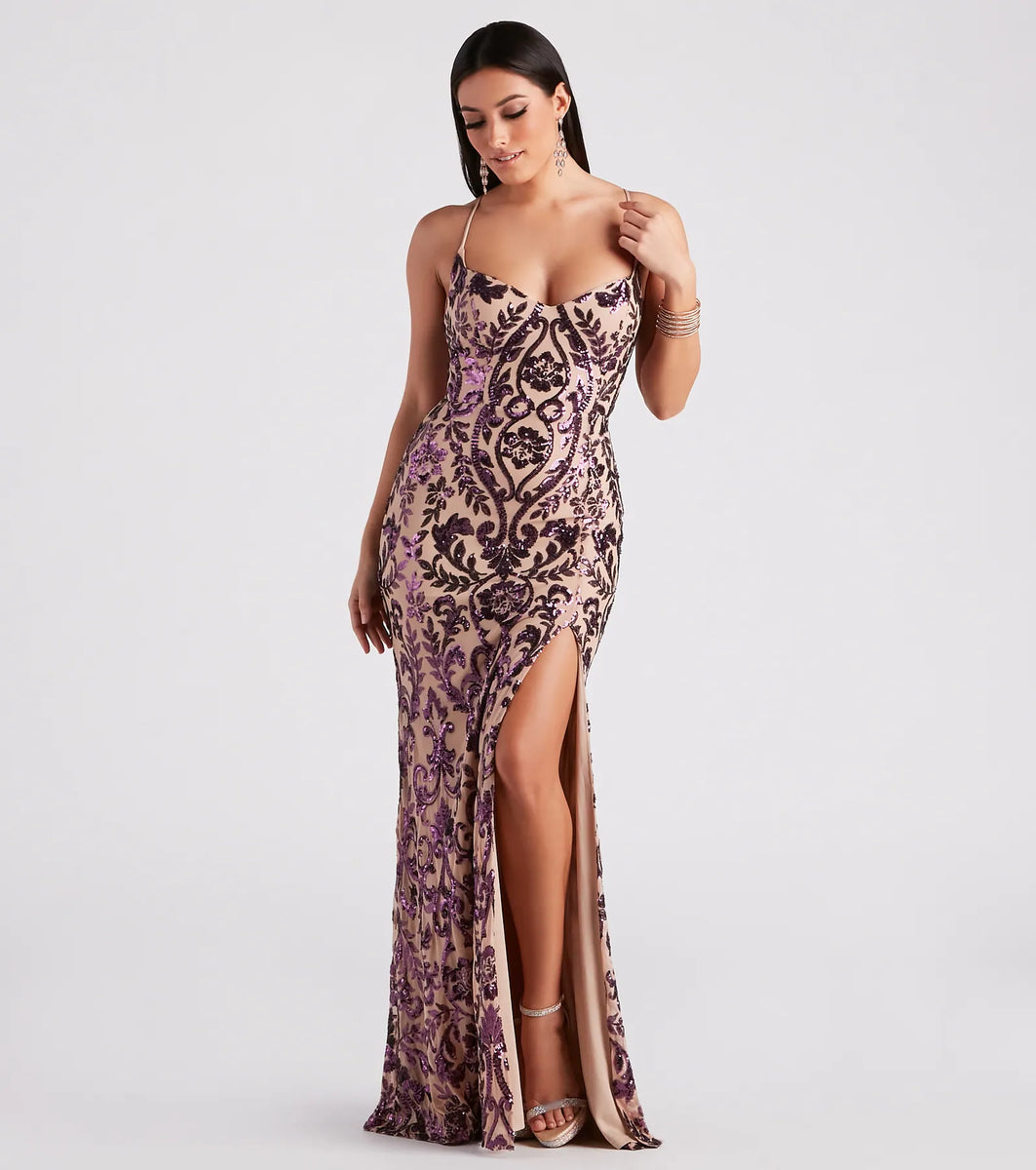 Lori Formal Sequin Lace-Up Long Dress | Windsor Lori Formal Sequin Lace-Up Long Dress | Windsor