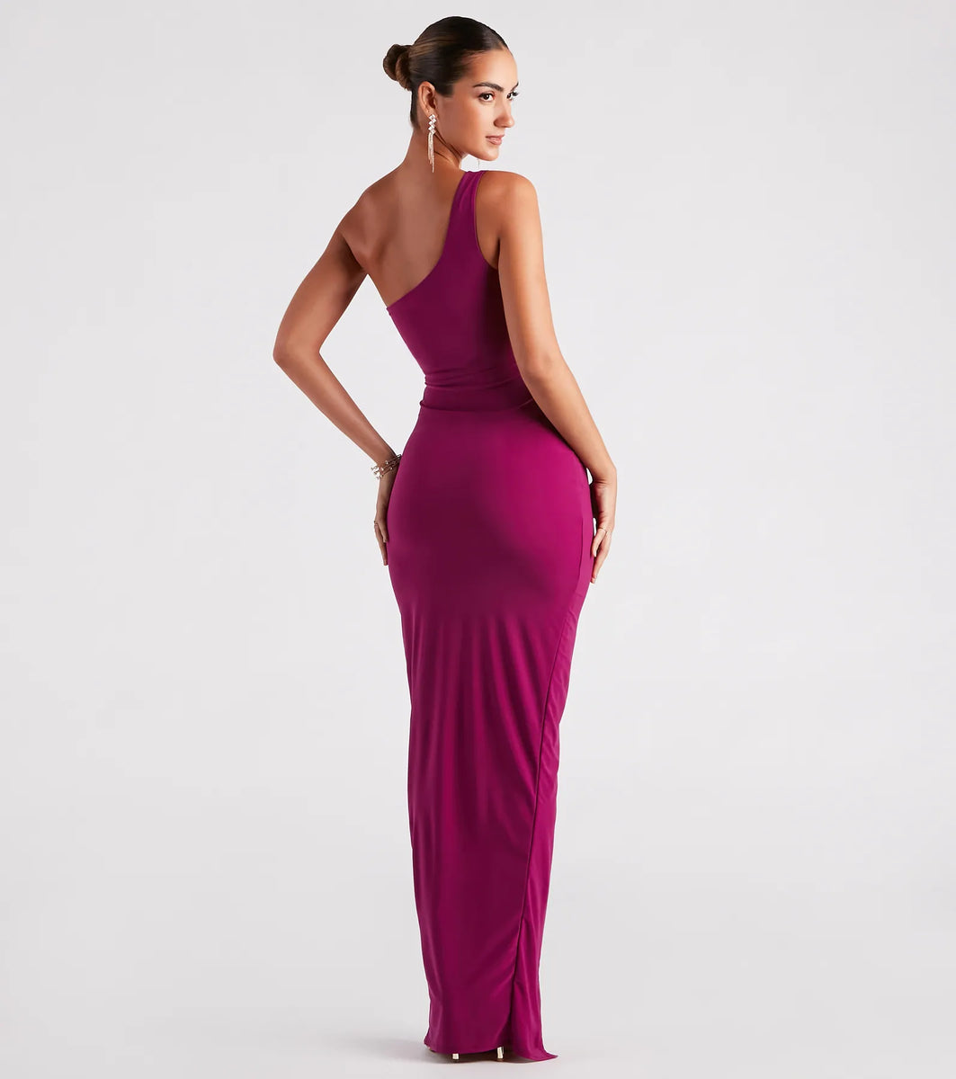 Taupe One-shoulder Sexy Slit Sheath Floor Length Formal Dress main image 0