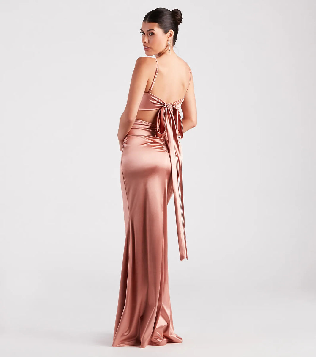 slim fit dress slacks Laurel Formal Satin Tie-Back Mermaid Dress