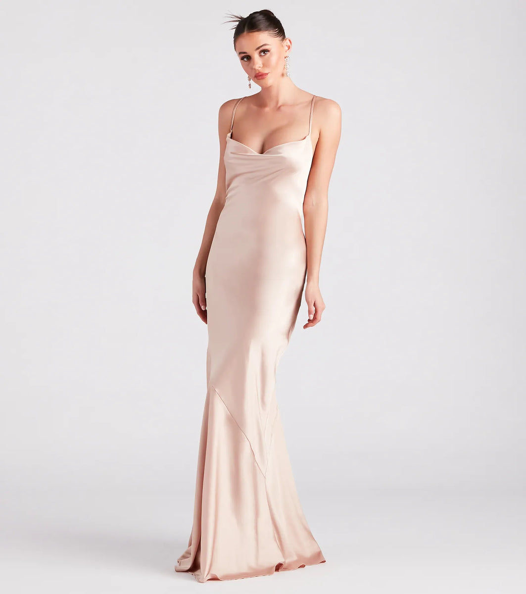 Cowl Neck Cutout Back Satin Prom Dress Wisteria