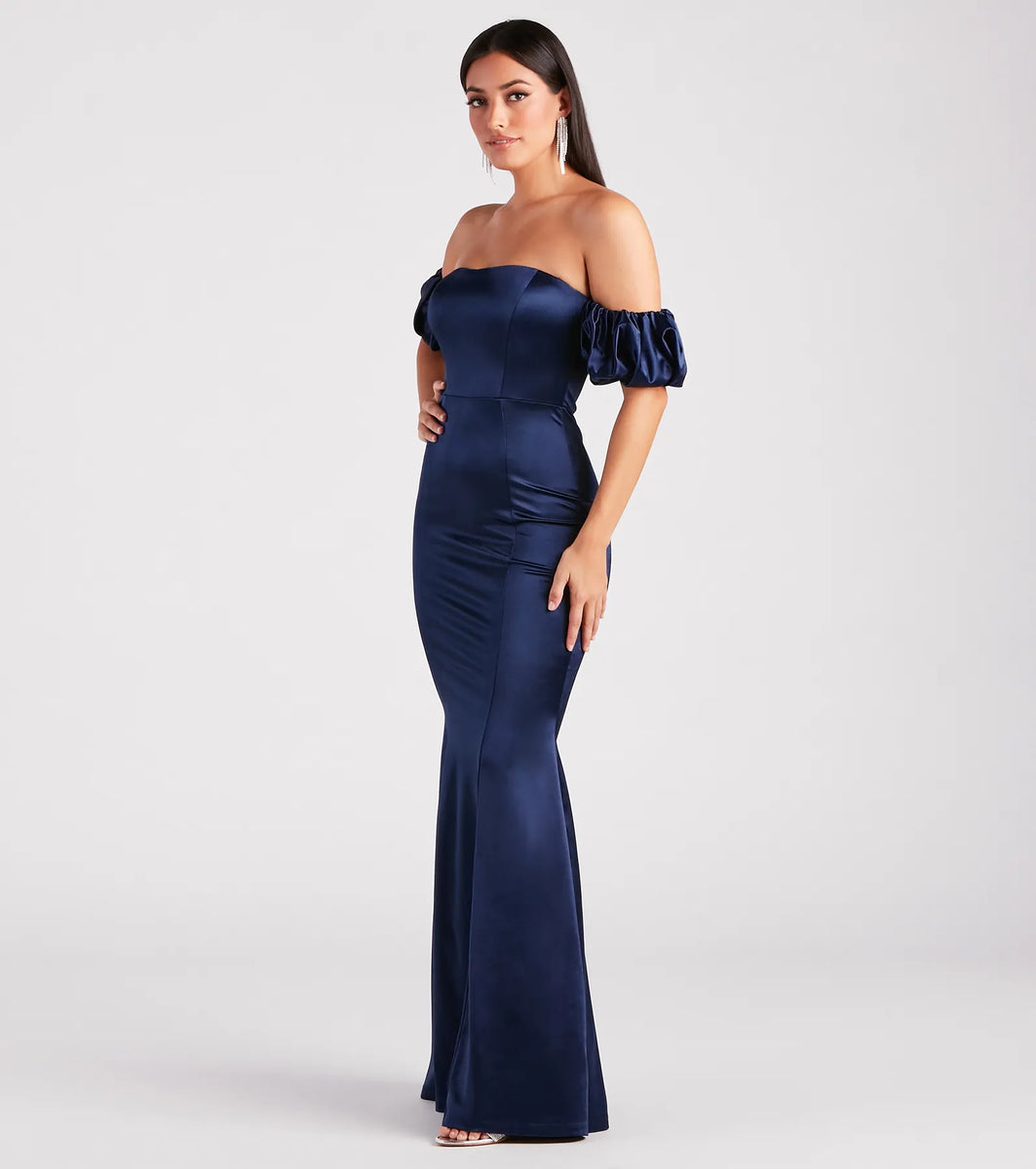 Sexy Off Shoulder Mermaid Long Satin Floral Formal Dresses For Women main image 0