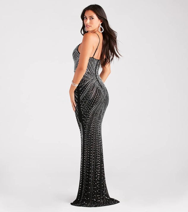 Turn heads with the Josselyn Formal Rhinestone Slim Long Dress, a black New Year's Eve dress featuring a festive style and glamorous accents, ideal for any NYE celebration or cocktail party.