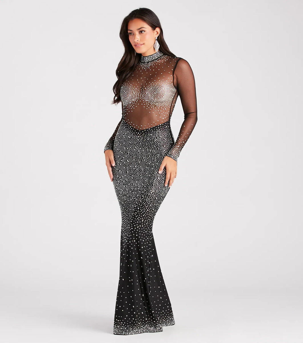 knee length dresses for ladies Milana Iridescent Rhinestone Sheer Mesh Formal Dress