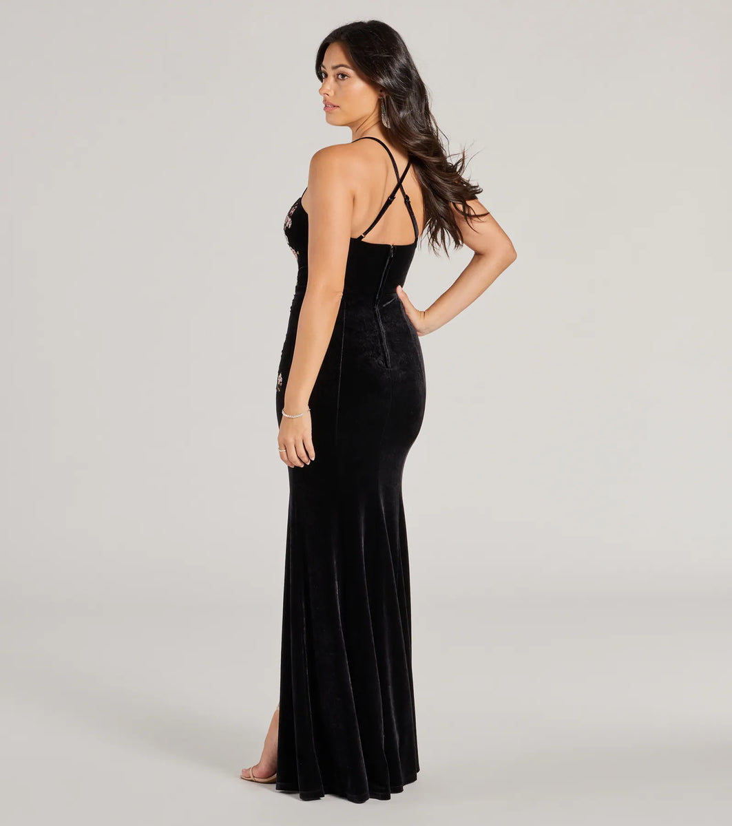 anjelica velvet maxi dress Angelica Floral Applique Velvet Mermaid Dress