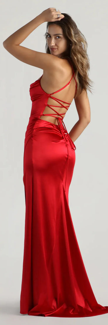 Steal the spotlight in the Melinda Satin Lace-Up Formal Dress in red, a fiery pick from the red homecoming dresses collection designed for bold entrances.