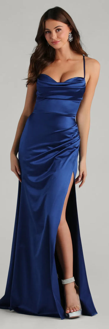 Feel instantly put-together in the Melinda Satin Lace-Up Formal Dress in navy blue, a fall wedding guest dress designed for confident style and all-out celebration.