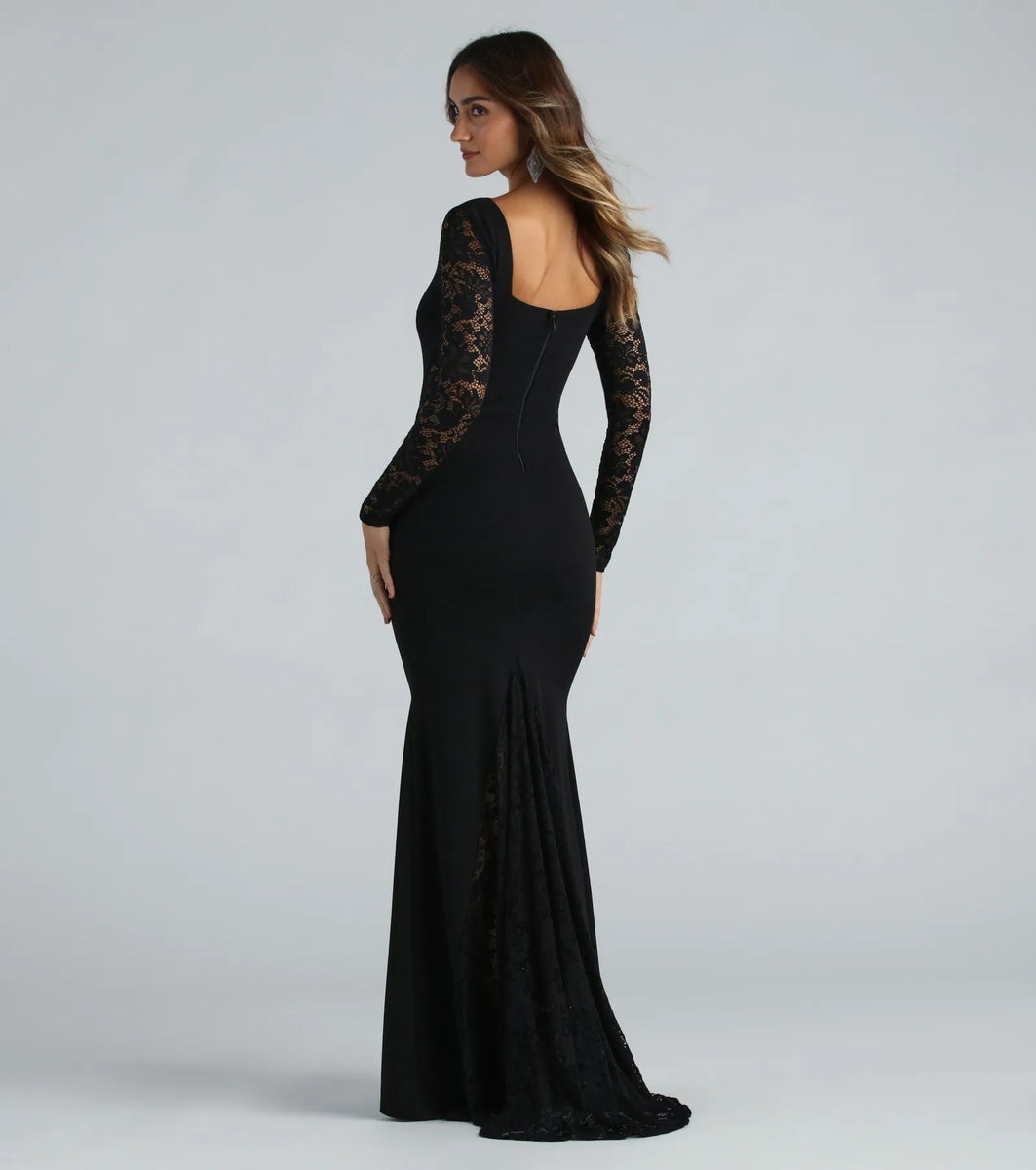 gigi formal crepe lace long sleeve mermaid dress Gigi Formal Crepe Lace Long Sleeve Mermaid Dress
