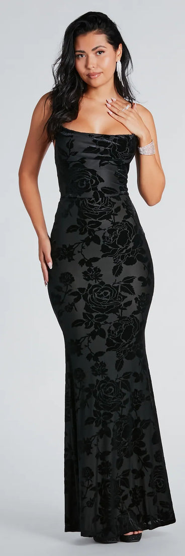 The Ally Formal Velvet Burnout Lace-Up Mermaid Dress is a luxe black velvet dress that offers a rich and elegant look, a stylish pick for a Military Ball gown, Winter Formal attire, or a wedding guest dress.