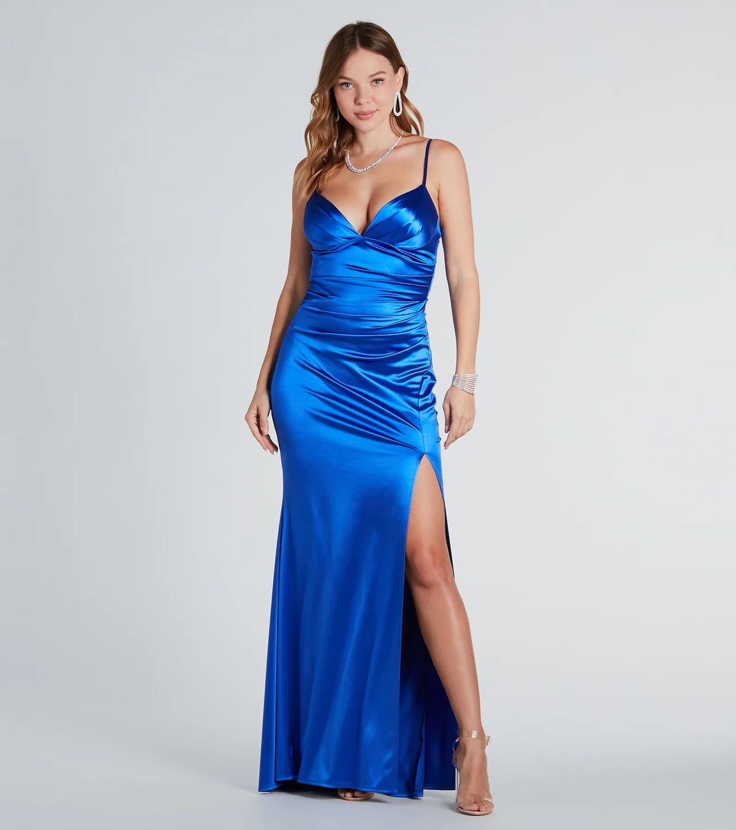 jordyn formal satin mermaid dress with train Simple Off-Shoulder Satin Mermaid Wedding Dress with Detachable Train MSW078 main image 0