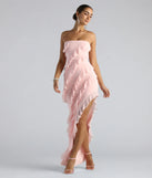 The Gabby Formal Mesh Strapless Ruffle Long Dress is an elegant pink formal dress in a rich seasonal color and with unique design accents that make dressing up for winter parties, holiday balls, or festive gatherings effortless!