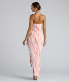 The Gabby Formal Mesh Strapless Ruffle Long Dress is an elegant pink formal dress in a rich seasonal color and with unique design accents that make dressing up for winter parties, holiday balls, or festive gatherings effortless!