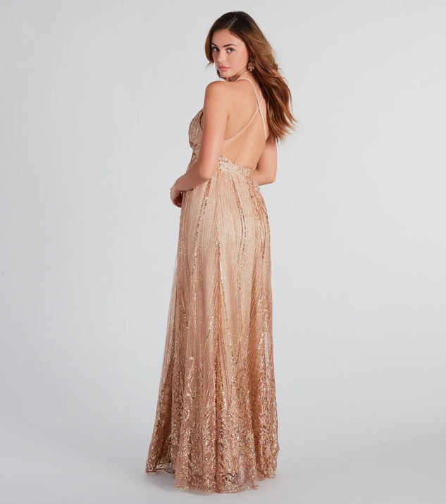Stand out in a crowd with the Caitlyn Formal Glitter Sequin Tulle A-Line Dress, a glamorous rose sequin dress that sparkles effortlessly as an NYE party gown, wedding guest dress, or must-have evening wear for formal events like military balls and winter formals.