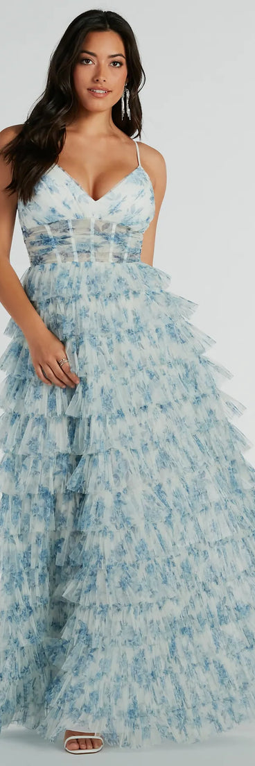 Feel instantly put-together in the Halle Corset Ruffle A-Line Floral Formal Dress in light blue, a stylish wedding guest dress designed for confident style and all-out celebration.