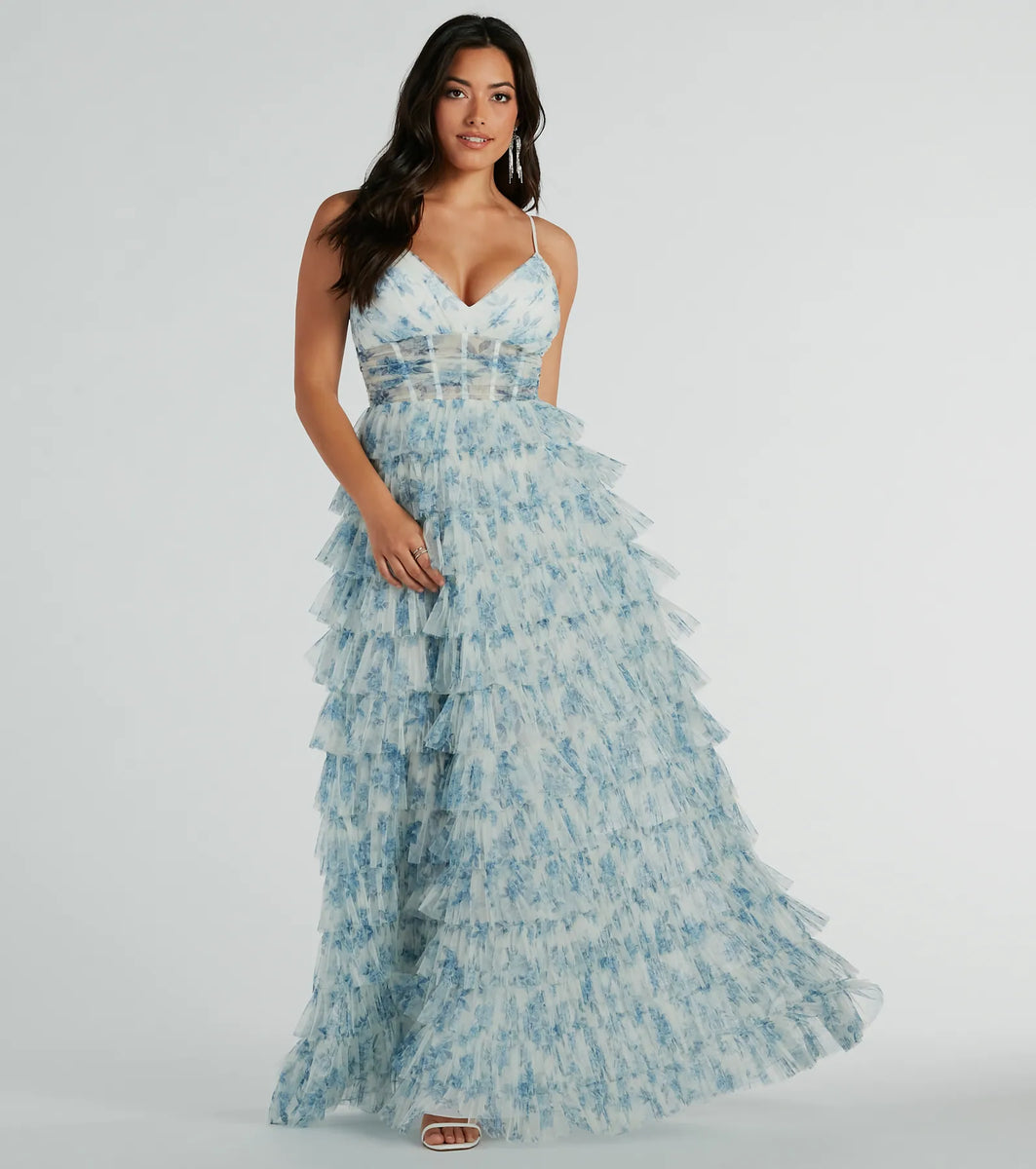 fleur de brille setup dress ivory×blue/M Halle Corset Ruffle A-Line Floral Formal Dress | Windsor