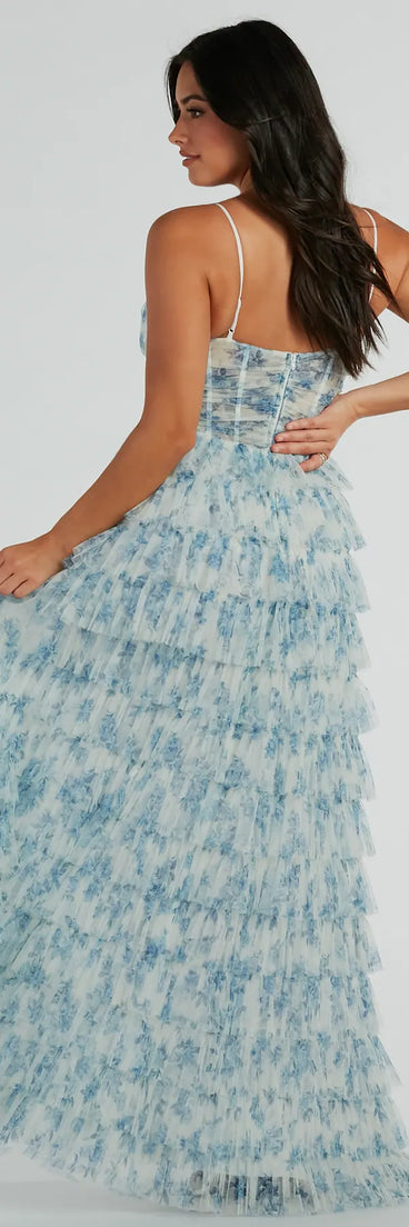 Own every entrance in the Halle Corset Ruffle A-Line Floral Formal Dress, a light blue party dress perfect for milestone birthdays and grad parties, or dancing through weekend nights and unforgettable bachelorette celebrations.