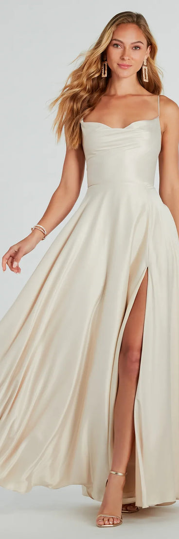 Feel instantly put-together in the Winslow Formal Satin Lace-Up Dress in gold, a summer wedding guest dress designed for confident style and all-out celebration.