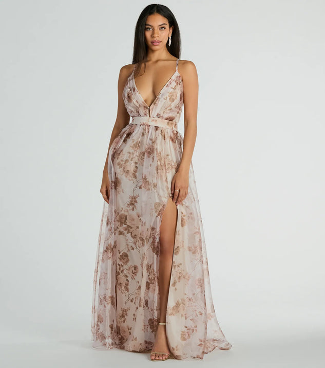 You'll be the best dressed in the Clarissa V-Neck Rose Floral A-Line Formal Gown as your winter formal dress with beautiful and unique details from Windsor.