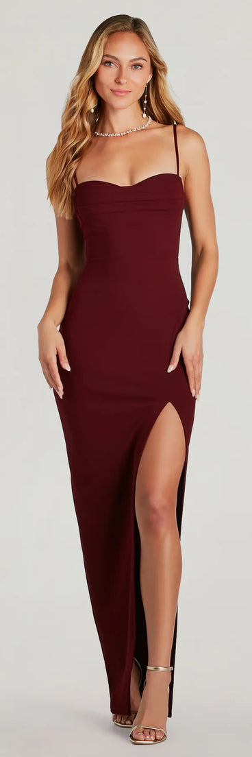 Turn heads at Prom 2025 in this burgundy prom dress, where statement-making details meet the iconic style of the Fran Formal Crepe Sweetheart Long Dress .