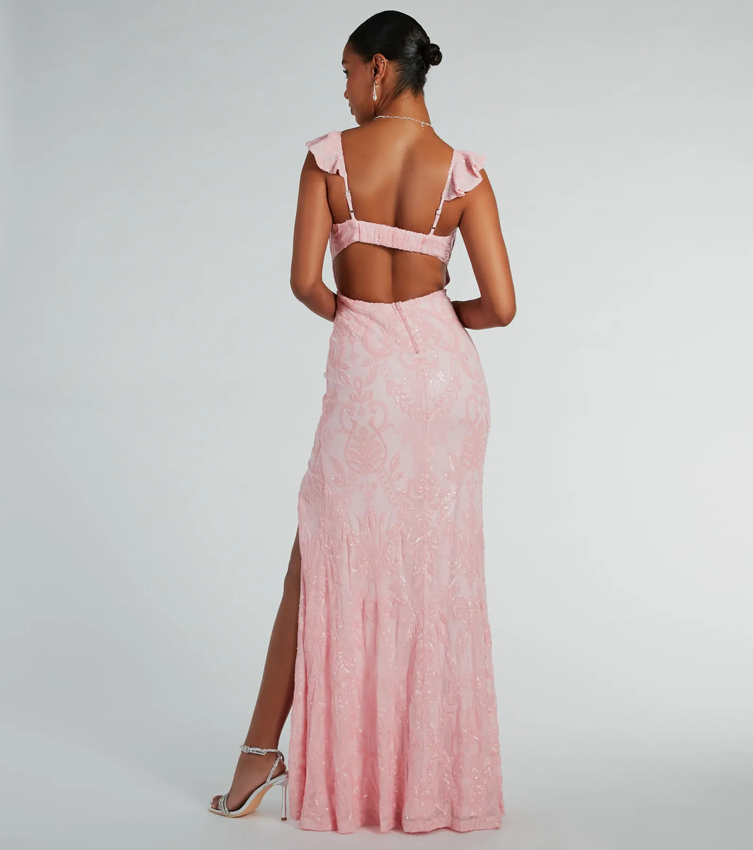 runaway estella dress hot pink Estella V-Neck Column Long Sequin Formal Dress