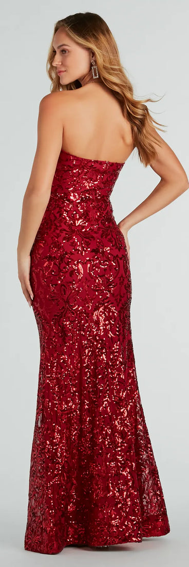 Leighton Formal Sequin Strapless Mermaid Dress in red, a stylish red dress with a flattering fit and fabric that adds allure to your look, perfect for wedding guest attire, cocktail events, or making a bold statement on a date night.
