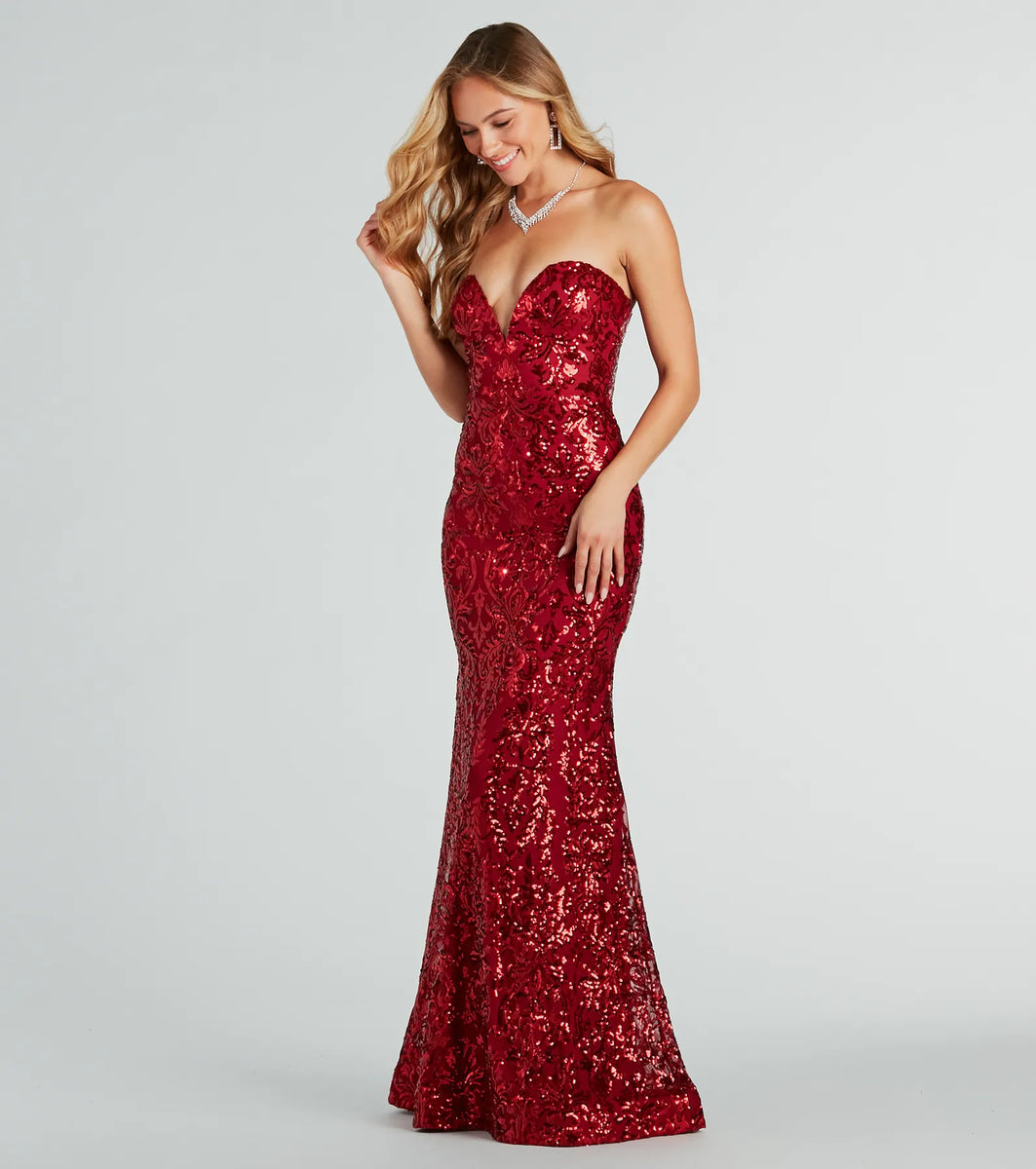 strapless red sequin dress Gown with Side Slit 43338 Discover the perfect RED SEQUIN strapless evening dress for any fancy event Leighton Formal Sequin Strapless Mermaid