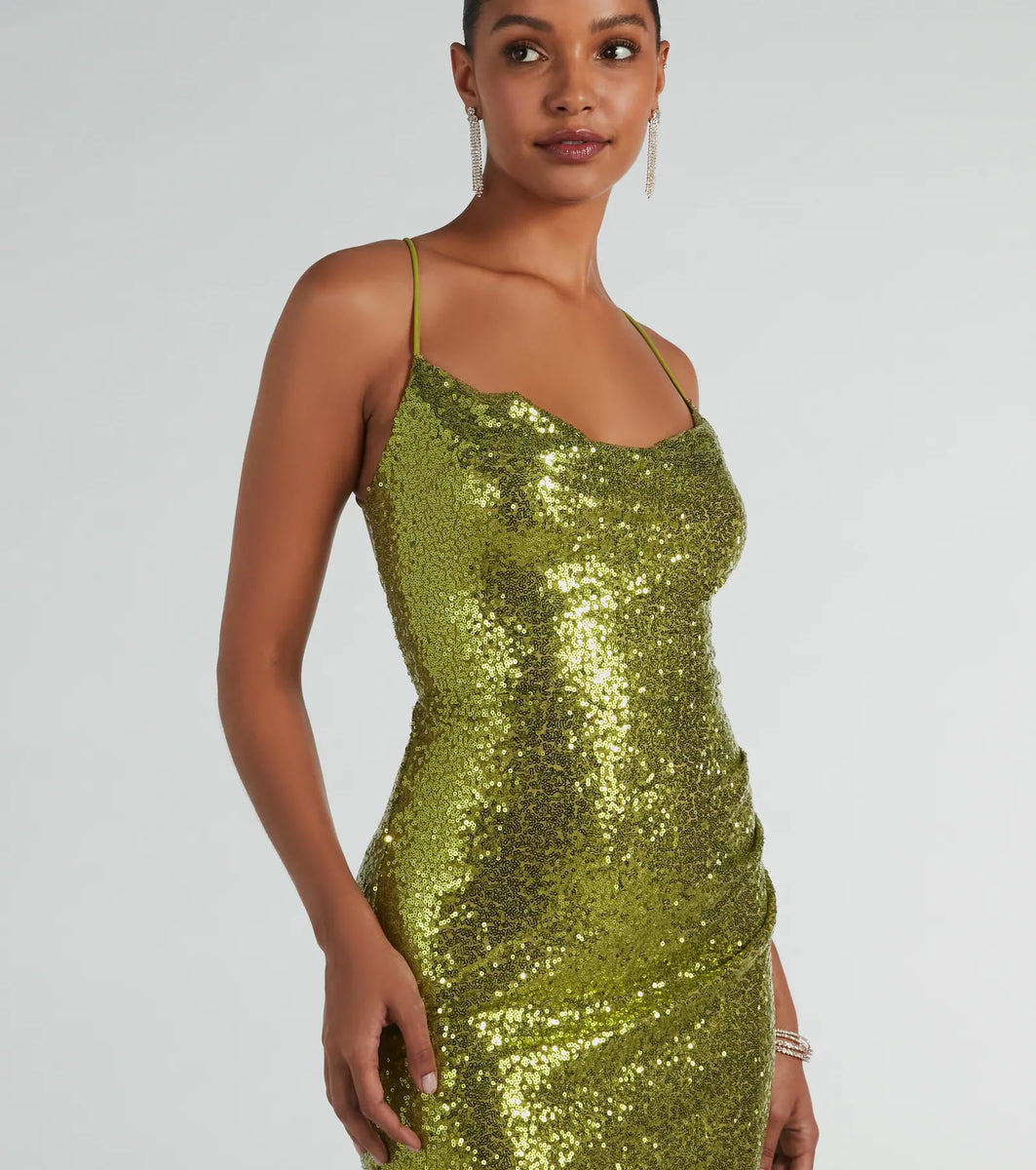 Verdant Allure High Slit Sequin Dress