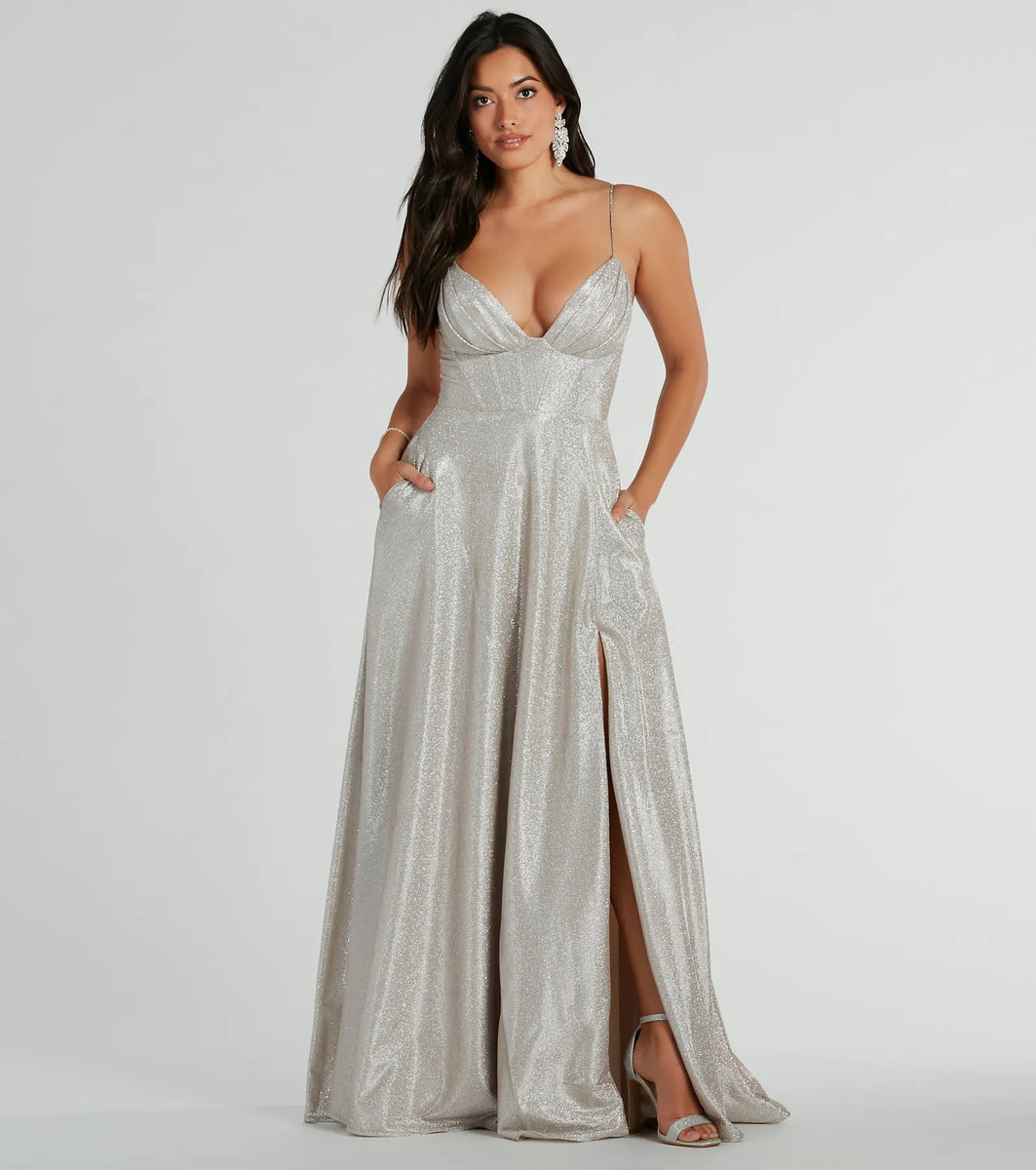 Skyla Glitter Woven Corset A-Line Formal Dress | Windsor Skyla Glitter Woven Corset A-Line Formal Dress | Windsor