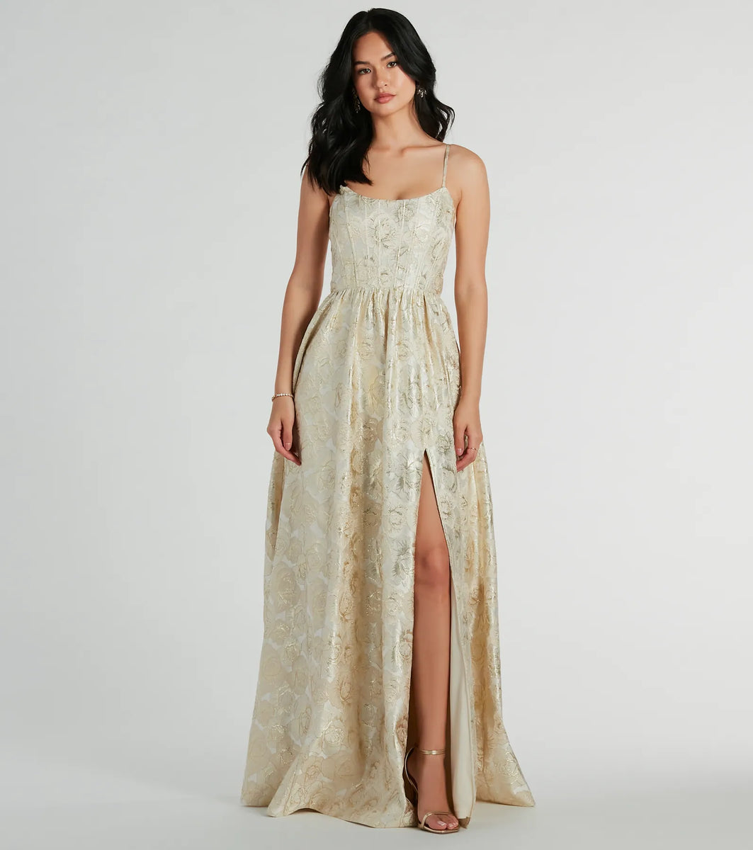 Hailee Corset Floral Jacquard A-Line Formal Dress | Windsor Hailee Corset Floral Jacquard A-Line Formal Dress | Windsor