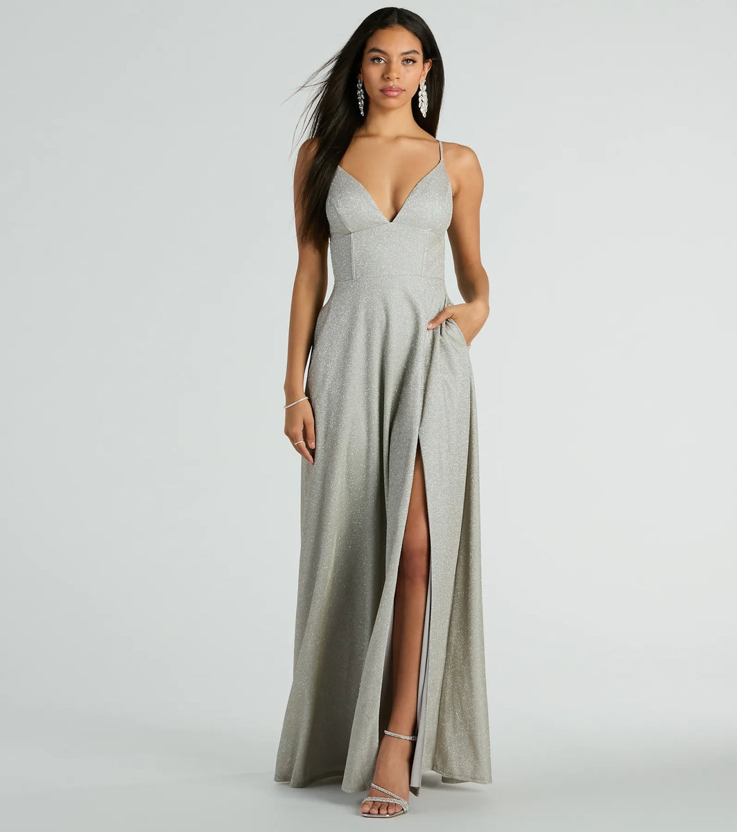 Mary Lace Up ALine Glitter Formal Dress With Pockets & Windsor