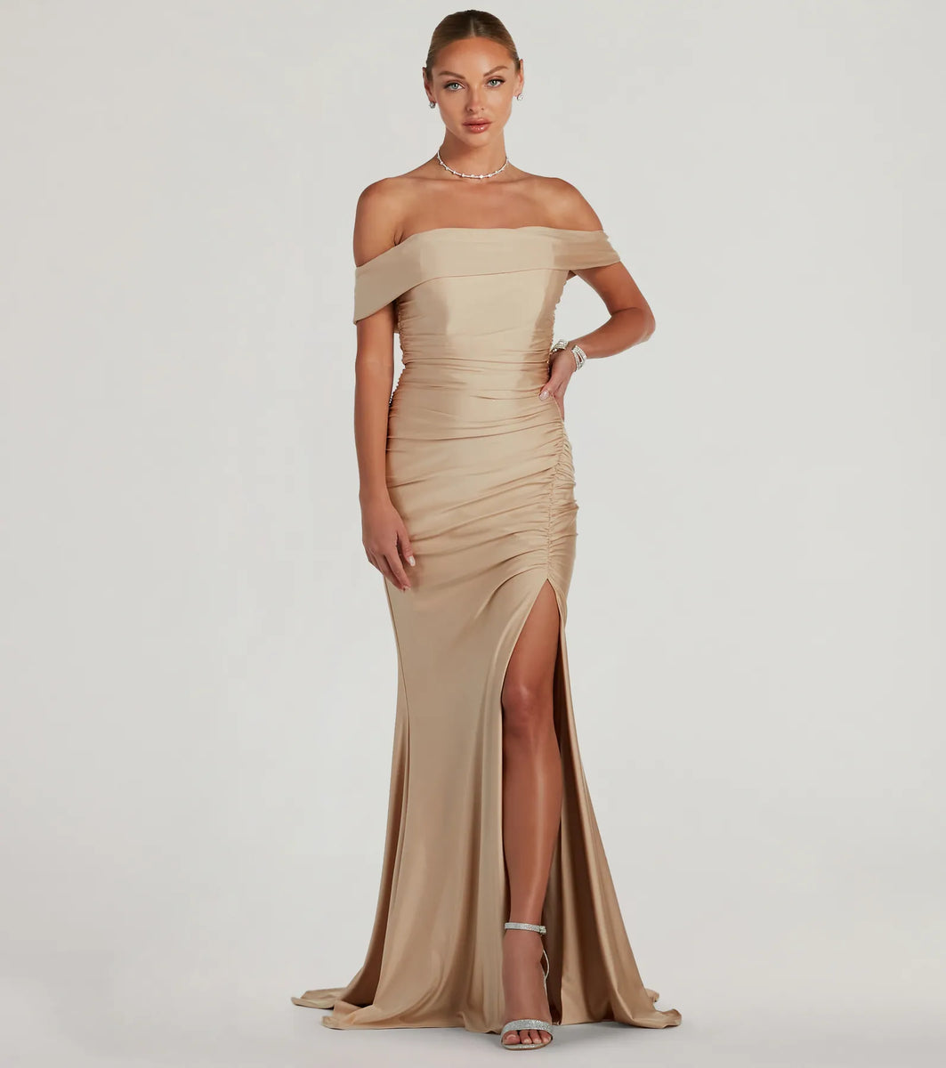 chinese dress ladies Stunning Off-The-Shoulder Mermaid Prom Dress Ruffles with High Split