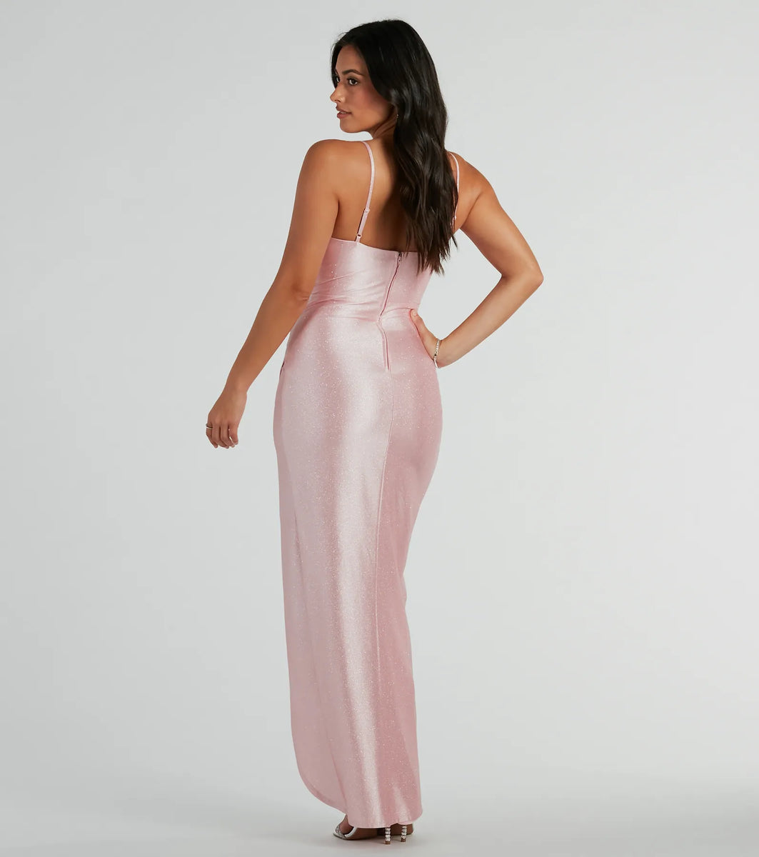 Ellen Ruffled Slit Long Glitter Formal Dress | Windsor