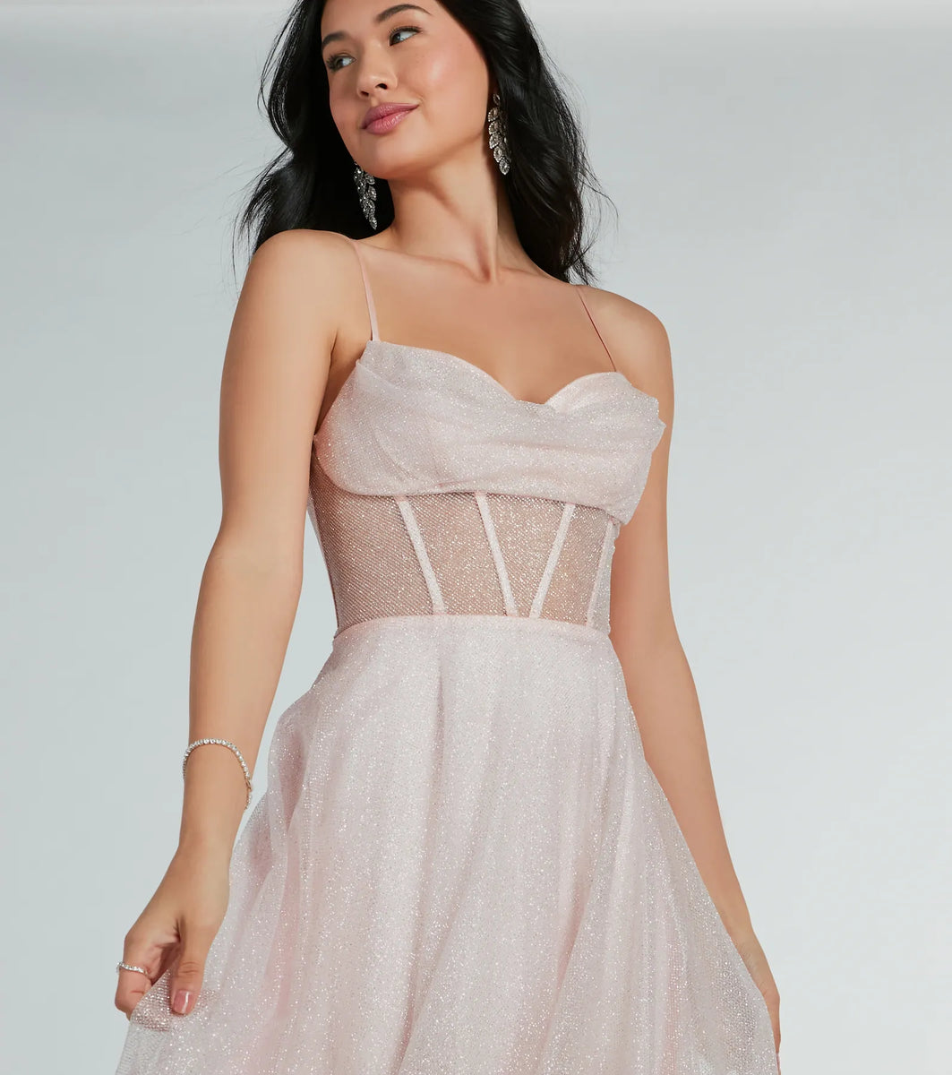 sheer mesh corset tiered a line dress Stay Resilient Tiered Mesh Corset Maxi Dress (Cream) · NanaMacs main image 0