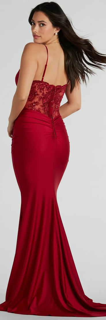 Alisa Lace Sequin Back Mermaid Formal Dress in wine, a stylish red dress with a flattering fit and fabric that adds allure to your look, perfect for wedding guest attire, cocktail events, or making a bold statement on a date night.