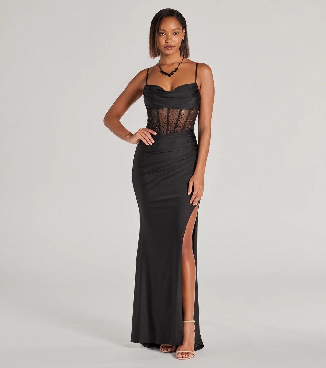 Windsor Sadie Rhinestone Corset Open Back Mermaid Formal Dress in Black | Size: S | Knit Fabric/Rhinestone/Sheer Mesh Fabric Windsor Sadie Rhinestone Corset Open Back Mermaid Formal Dress in Black | Size: S | Knit Fabric/Rhinestone/Sheer Mesh Fabric