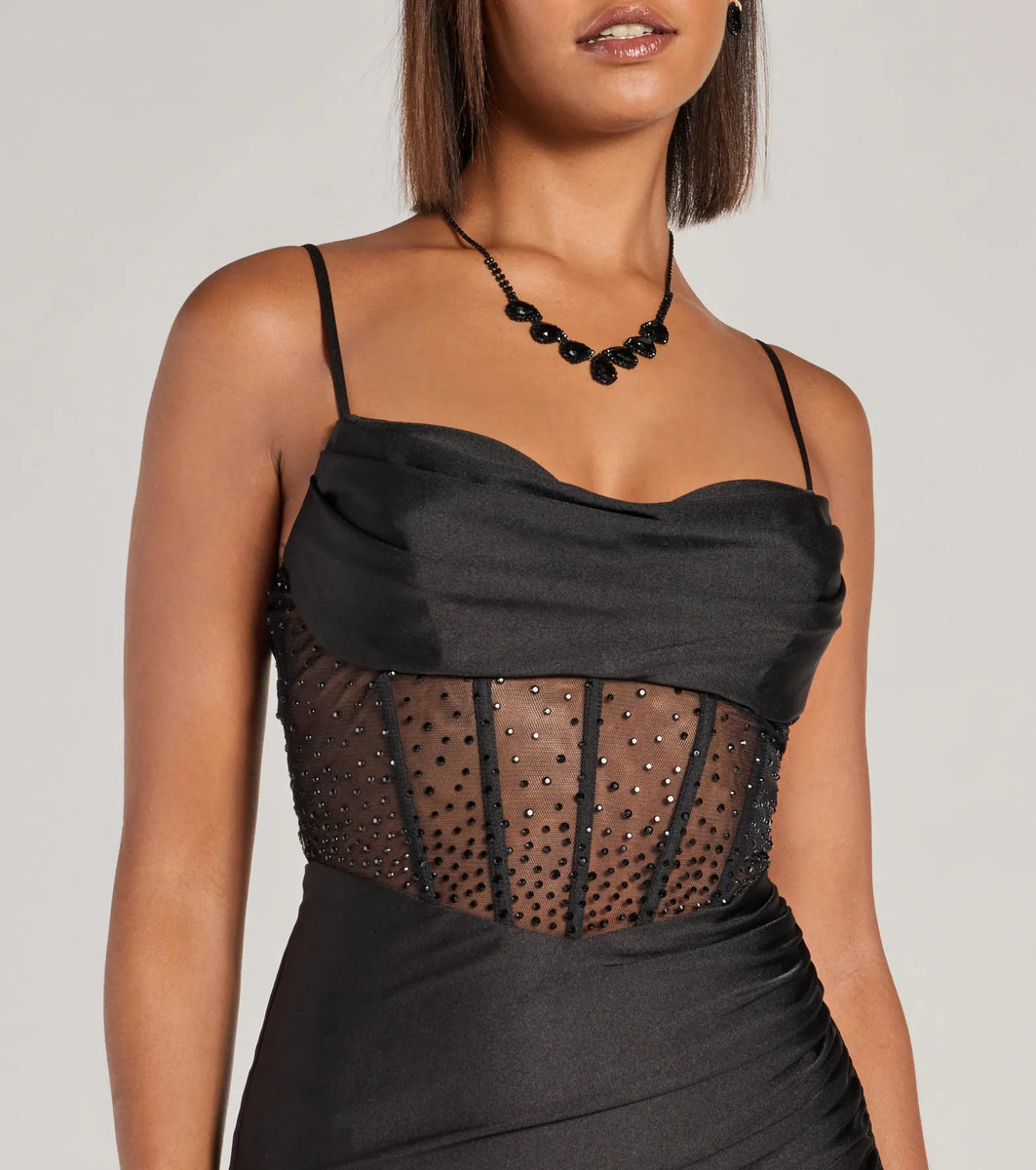 sallie mesh rhinestone open back dress in black Sadie Rhinestone Corset Open Back Mermaid Formal Dress