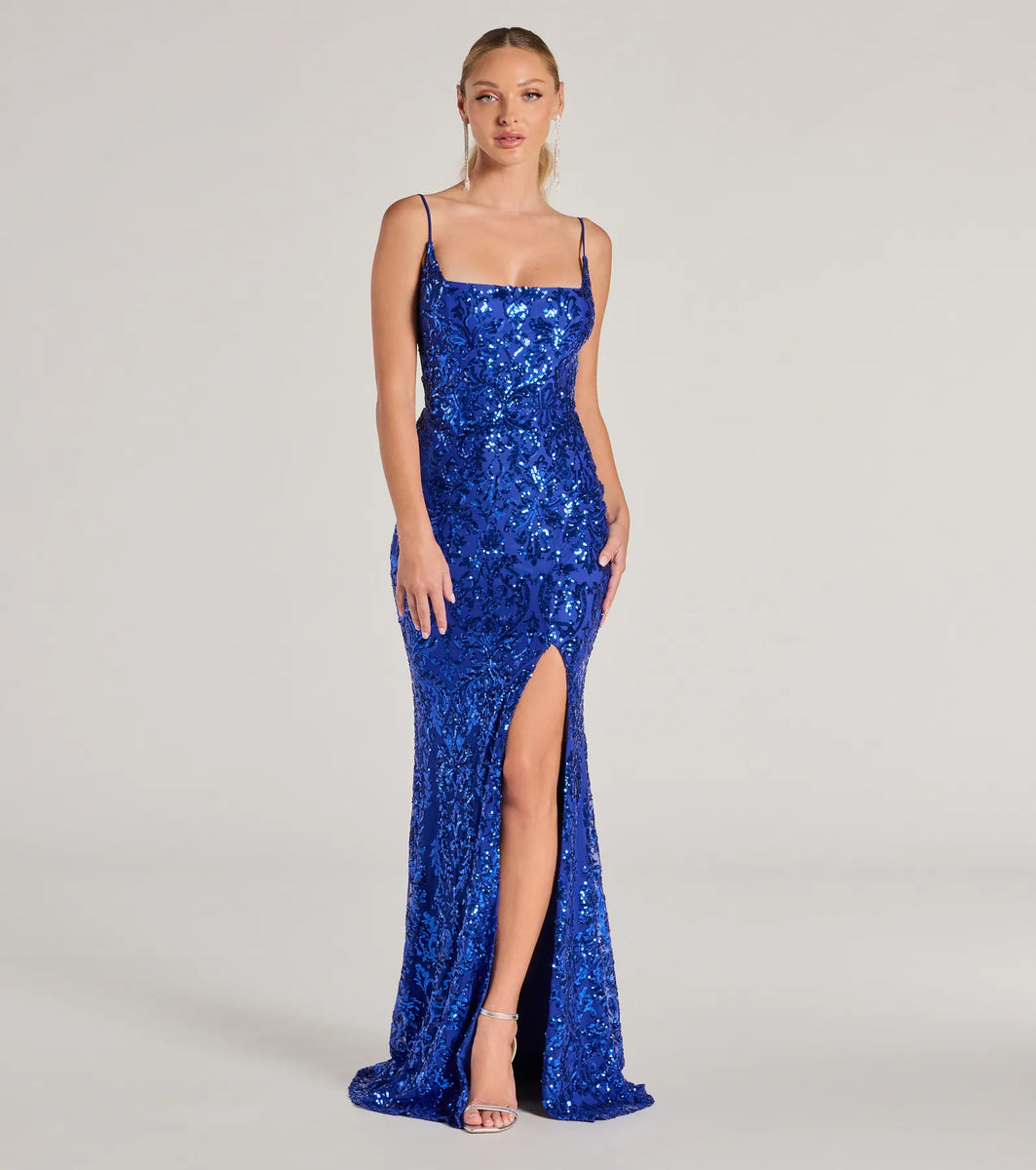 Windsor Kailani Formal Sequin Slit Mermaid Dress in Royal Blue | Size: S | Knit Fabric/Mesh Fabric/Mesh Fabric Windsor Kailani Formal Sequin Slit Mermaid Dress in Royal Blue | Size: S | Knit Fabric/Mesh Fabric/Mesh Fabric