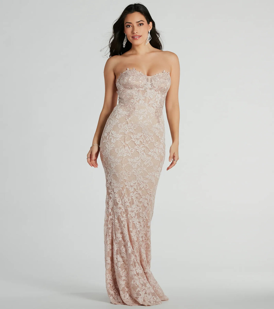 Strapless Mermaid Lace Prom Dresses, Lace Mermaid Formal Evening Dresses