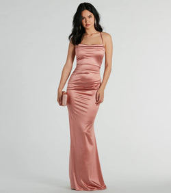 You'll be the best dressed in the Courteney Cowl Neck Mermaid Satin Formal Dress as your summer formal dress with unique details from Windsor.