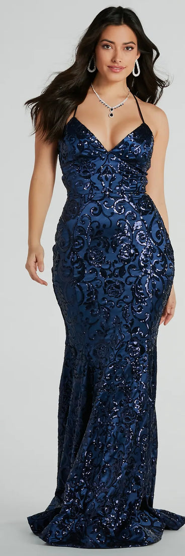 Turn heads at Prom 2025 in this navy blue prom dress, where statement-making details meet the iconic style of the Saskia Lace-Up Mermaid Sequin Satin Formal Dress .