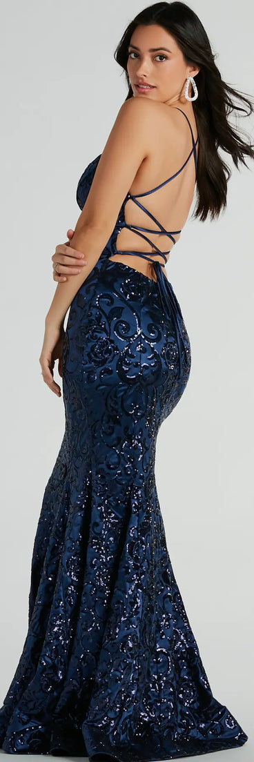 Step into the Prom 2025 dance in the Saskia Lace-Up Mermaid Sequin Satin Formal Dress in navy, a stunning blue prom dress designed to complement any theme with its timeless allure and statement-making style.