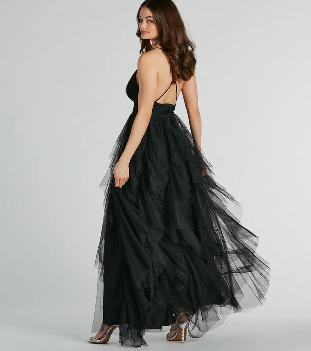 The Wynonna V-Neck A-Line Ruffle Glitter Formal Dress is an elegant black formal dress in a rich seasonal color and with unique design accents that make dressing up for winter parties, holiday balls, or festive gatherings effortless!