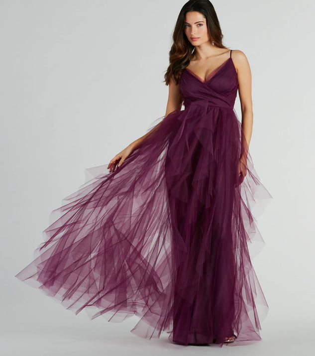 The Hadley V-Neck Ruffled A-Line Tulle Formal Dress is an elegant eggplant purple formal dress in a rich seasonal color and with unique design accents that make dressing up for winter parties, holiday balls, or festive gatherings effortless!