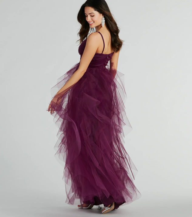 The Hadley V-Neck Ruffled A-Line Tulle Formal Dress is an elegant eggplant purple formal dress in a rich seasonal color and with unique design accents that make dressing up for winter parties, holiday balls, or festive gatherings effortless!