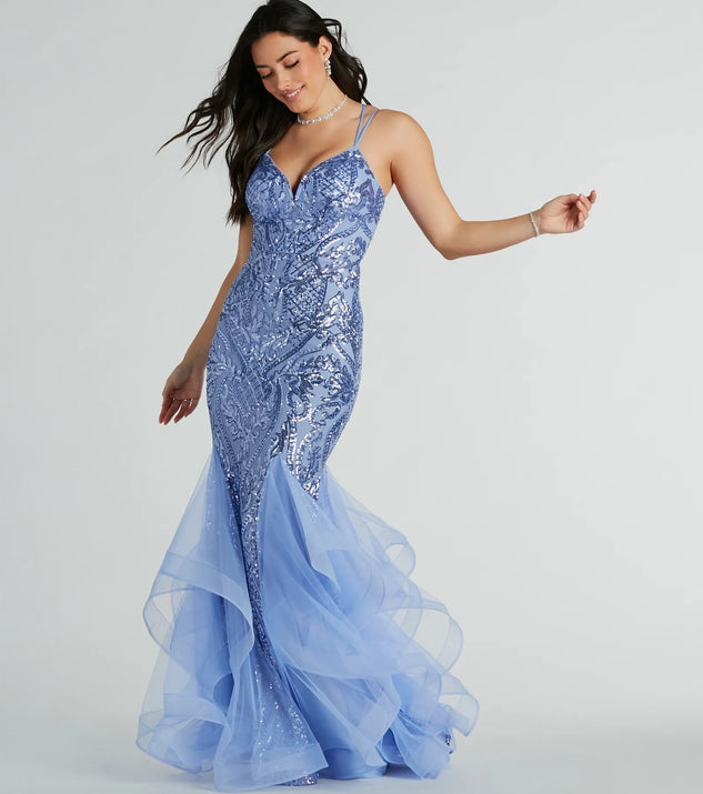 Stand out in a crowd with the Sylvia Lace-Up Mermaid Tulle Ruffle Sequin Dress, a glamorous periwinkle sequin dress that sparkles effortlessly as an NYE party gown, wedding guest dress, or must-have evening wear for formal events like military balls and winter formals.