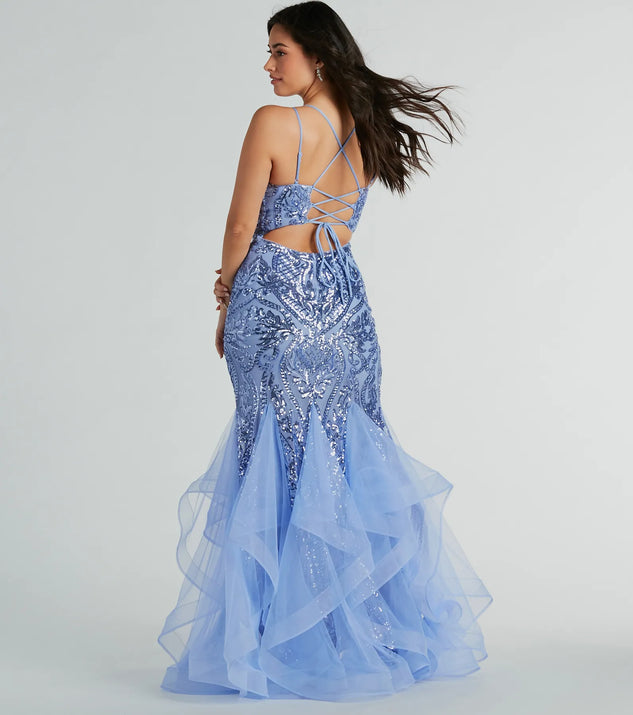 The Sylvia Lace-Up Mermaid Tulle Ruffle Sequin Dress is a dazzling periwinkle sequin dress, perfect for making a bold entrance at any event, from cocktail parties to formal celebrations.
