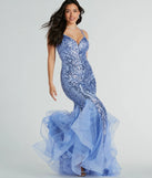 Shine bright in the Sylvia Lace-Up Mermaid Tulle Ruffle Sequin Dress, a glamorous periwinkle sequin dress that captures the light beautifully, ideal for an NYE party dress, wedding guest dress, or military ball gown.