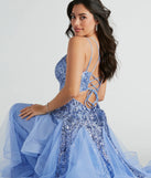 The Sylvia Lace-Up Mermaid Tulle Ruffle Sequin Dress is a periwinkle dress, an essential holiday or NYE dress that pairs chic style with versatility making it perfect for cocktail events, New Year's Eve parties, or as a winter wedding guest look.