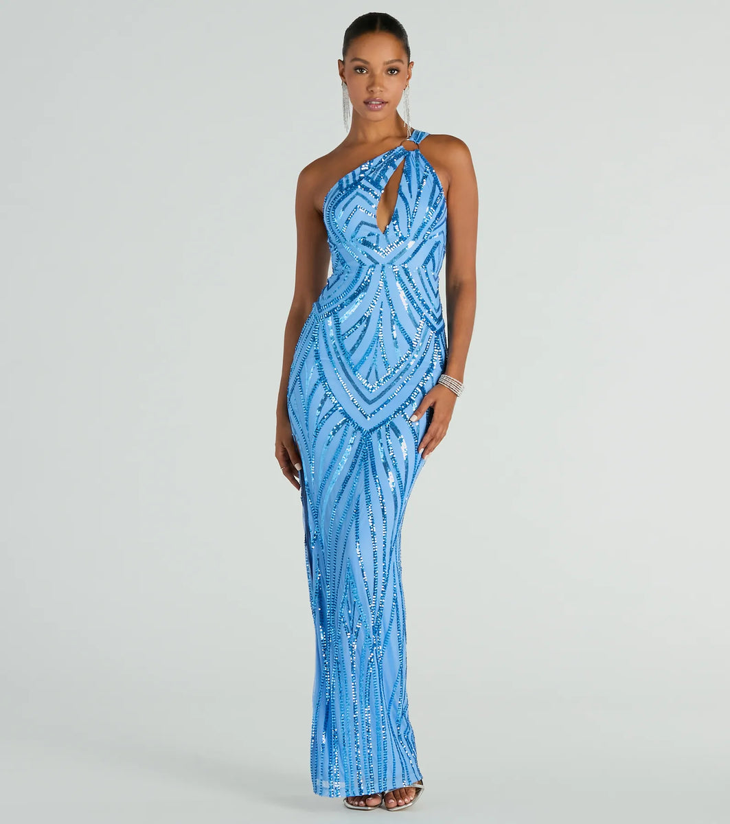stacey sequin maxi dress Stacey One-Shoulder Cutout Slim Sequin Formal Dress