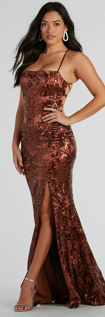 Feel instantly put-together in the Marisol Lace-Up Column Sequin Satin Formal Dress in brown, a stylish wedding guest dress designed for confident style and all-out celebration.