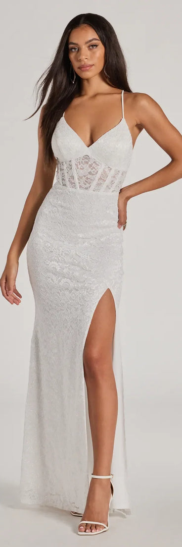 Turn heads at Prom 2025 in this white prom dress, where statement-making details meet the iconic style of the Teresa Lace Up Corset Mermaid Lace Formal Dress .